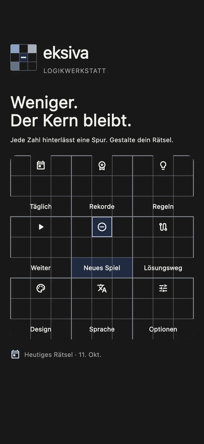 Hauptmenü von Eksiva in Sudoku-Form