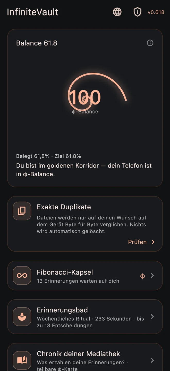 Balance und Archivwerkzeuge auf dem Startbildschirm von InfiniteVault