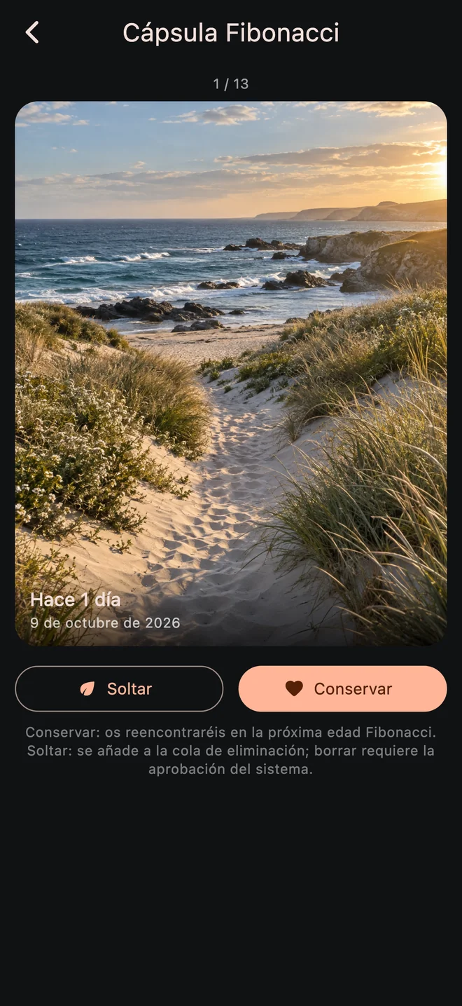 Interfaz de Cápsula Fibonacci de InfiniteVault con una foto de recuerdo de ejemplo