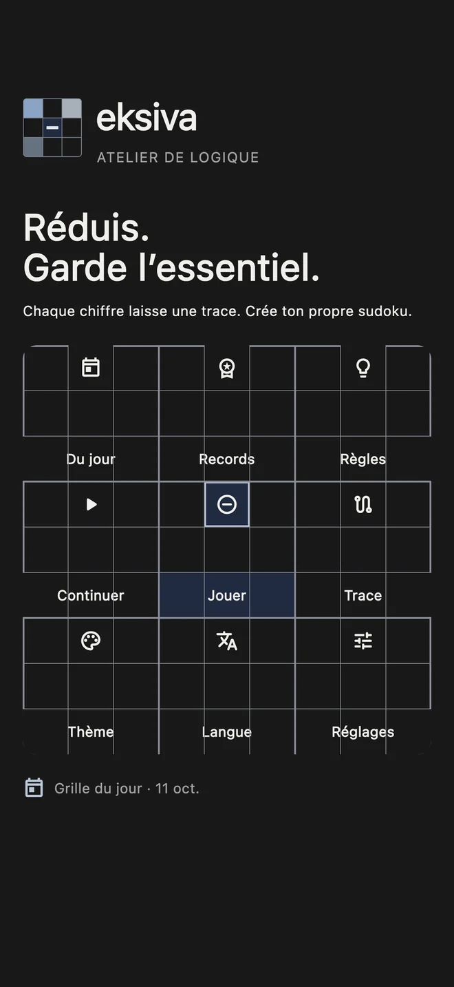 Menu principal d’Eksiva en forme de Sudoku