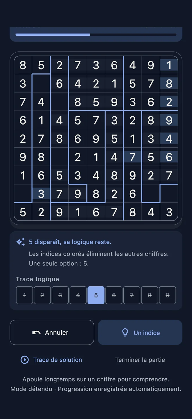 Grille Mosaïque et bande de preuve expliquant pourquoi 5 est le seul candidat