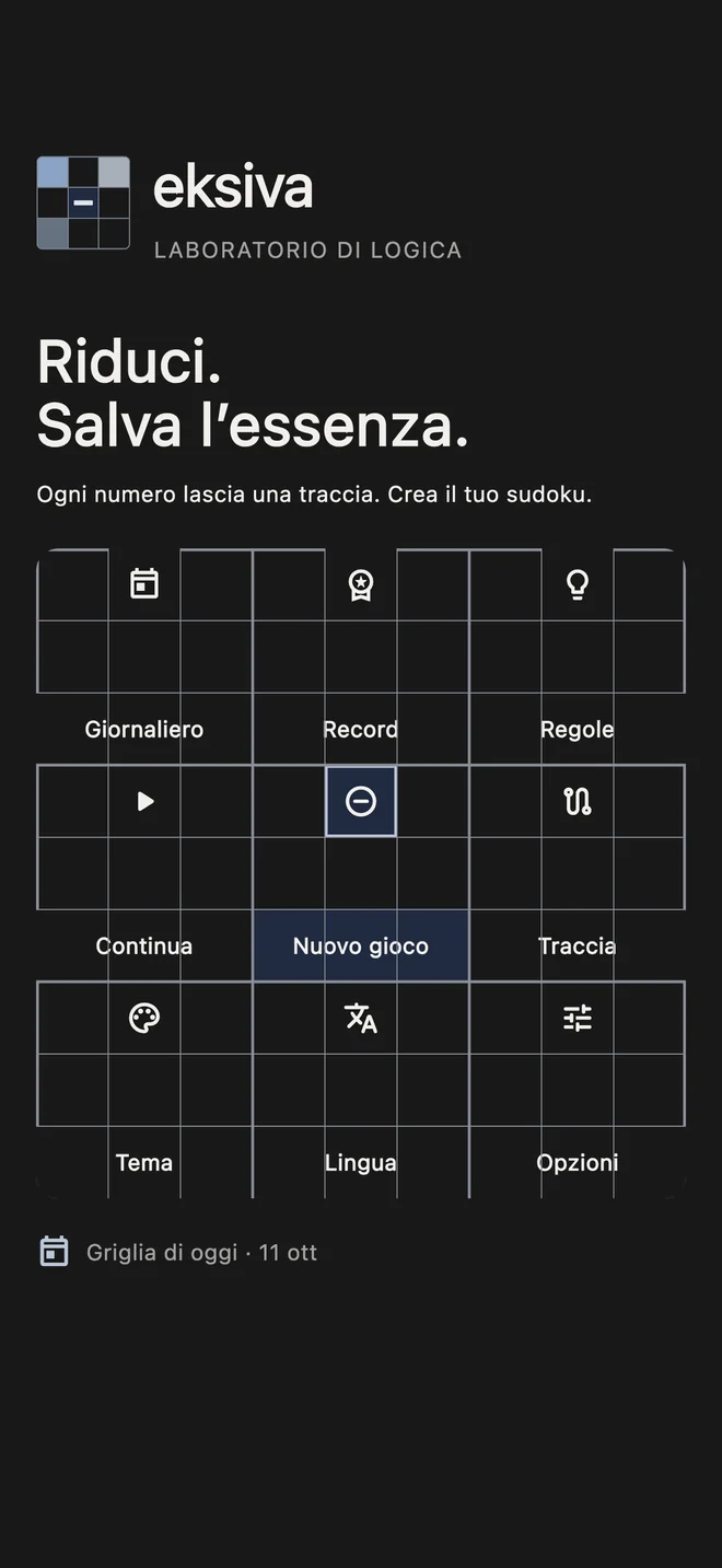 Menu principale di Eksiva a forma di Sudoku
