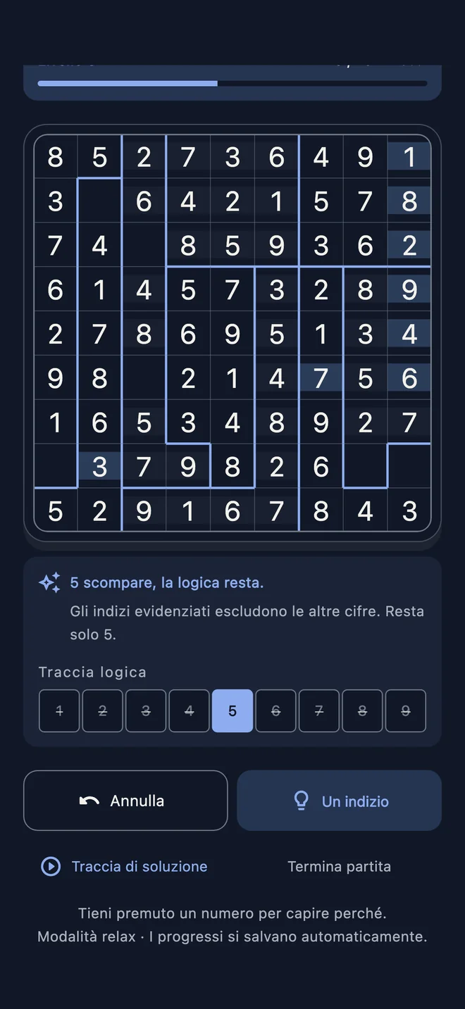 Griglia Mosaico e barra di prova che spiega perché 5 è l’unico candidato