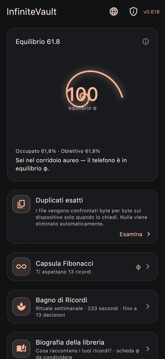 Equilibrio e strumenti dell’archivio nella schermata iniziale di InfiniteVault
