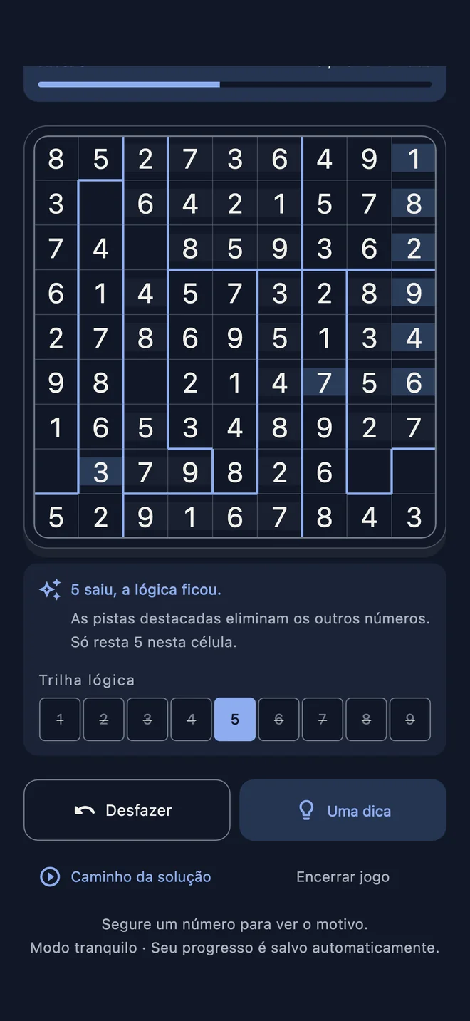 Tabuleiro Mosaico e faixa de prova explicando por que 5 é o único candidato