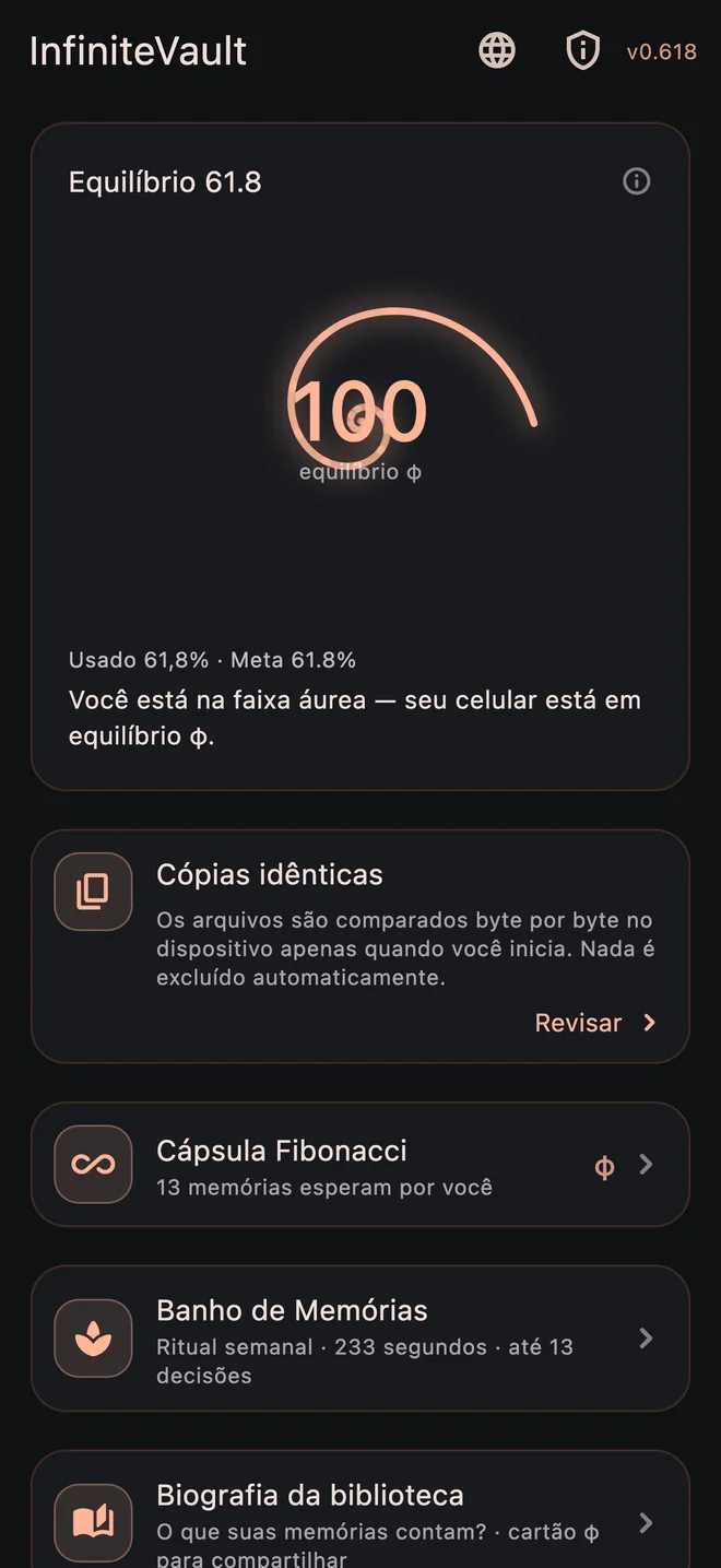 Equilíbrio e ferramentas do arquivo na tela inicial do InfiniteVault